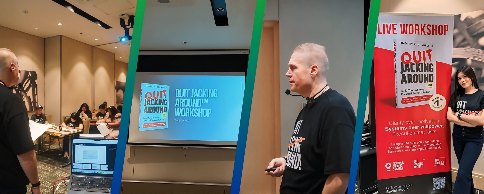 A collage from the Quit Jacking Around live workshop — participants at work, the workshop slide, Tim Bonnell presenting, and the Live Workshop banner.
