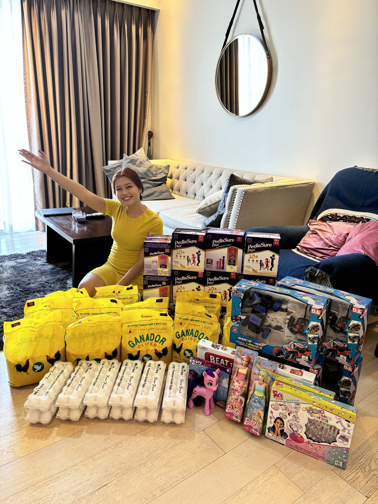 Gift bags, toys, and supplies prepared for a visit.