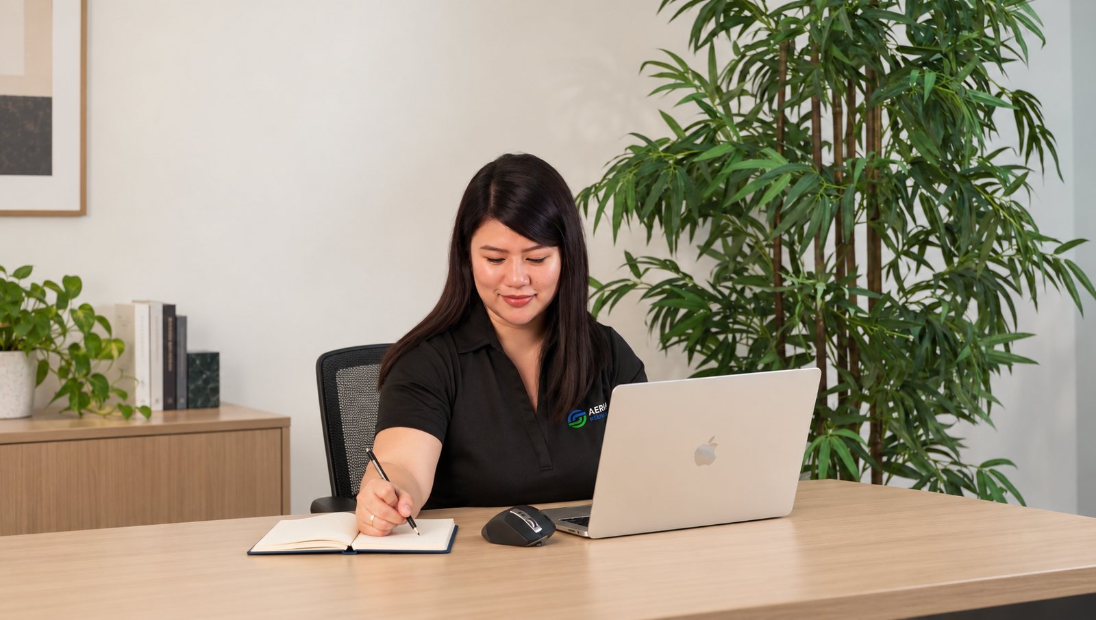 An Aereach professional planning work at a desk with a laptop and notebook.