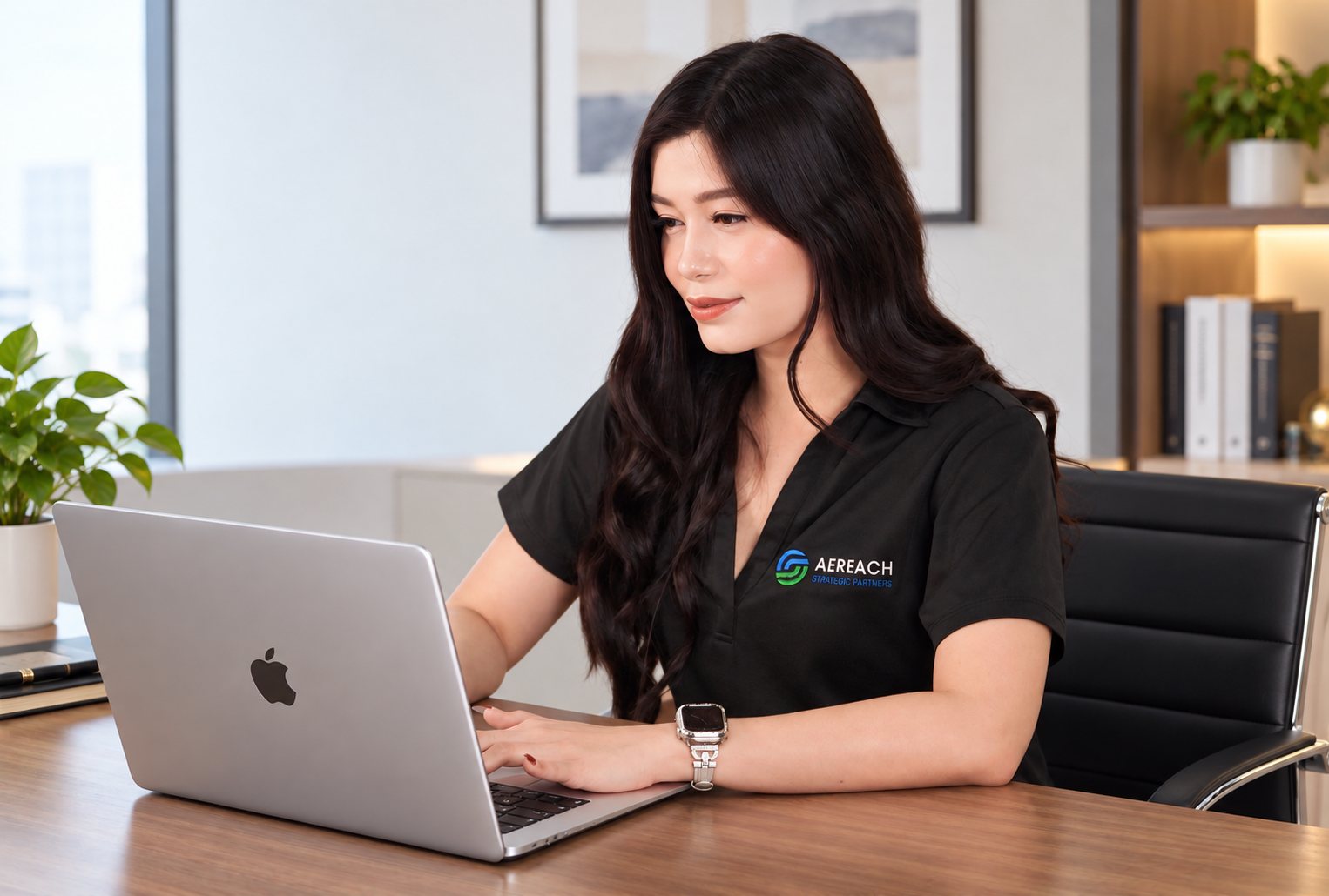 An Aereach professional at work on a laptop in the Aereach office.