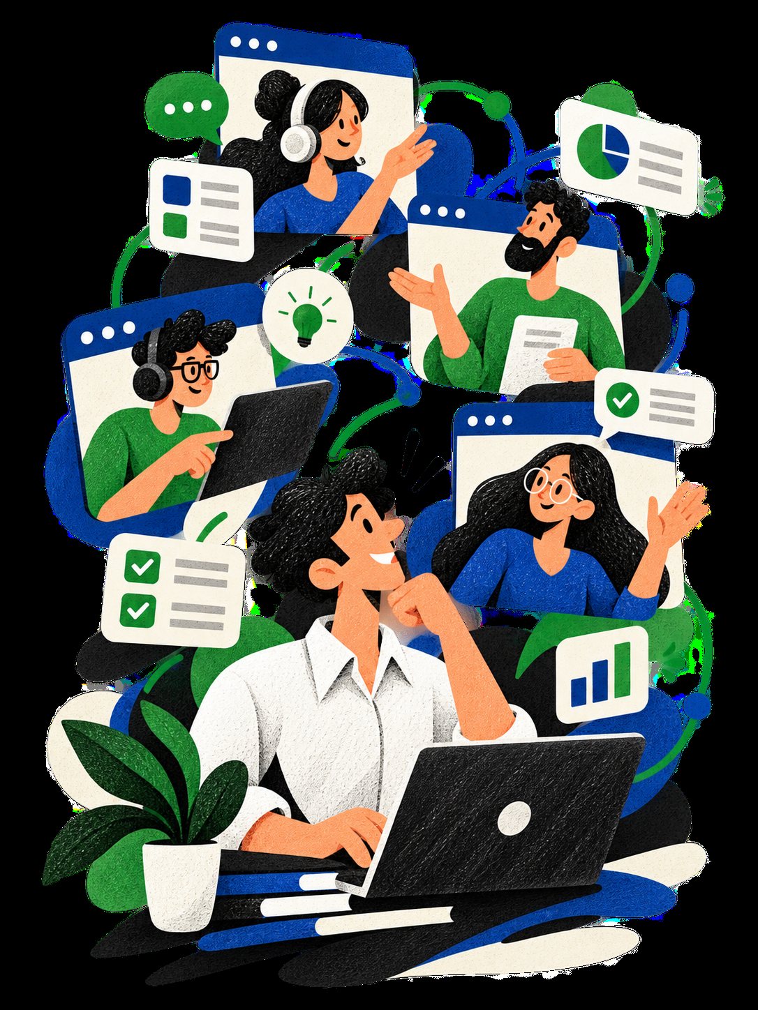 Illustration: a remote team working together across screens and chat threads.