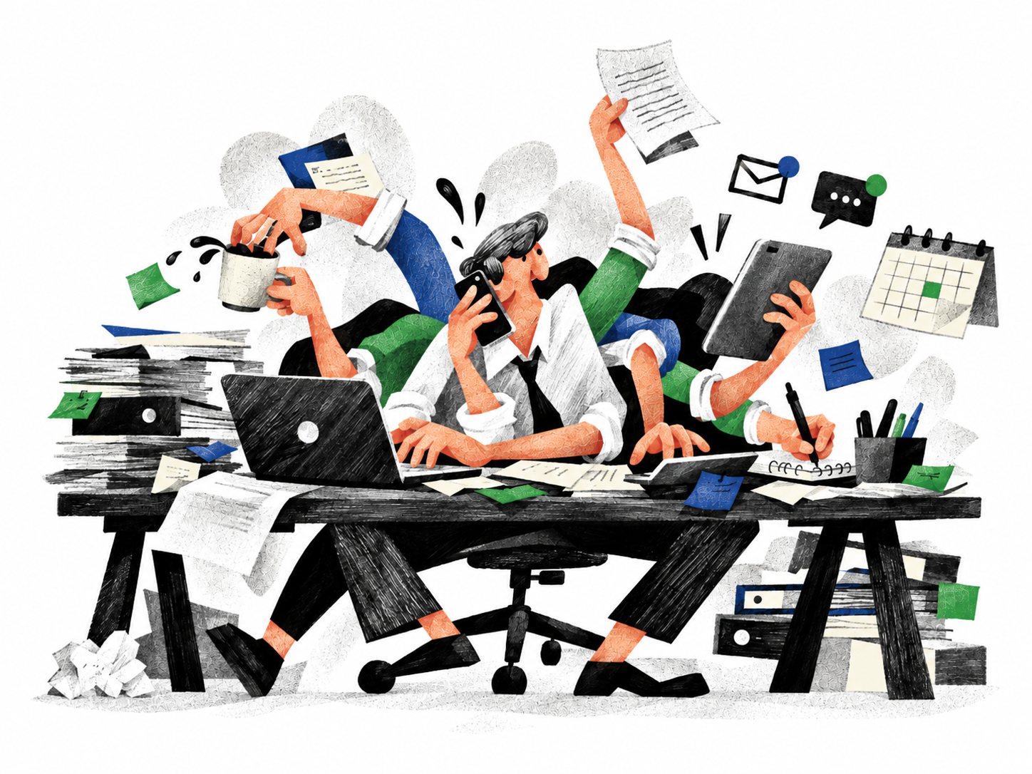 Illustration: a founder buried under paperwork, calls, and calendars — every job but the one only they can do.