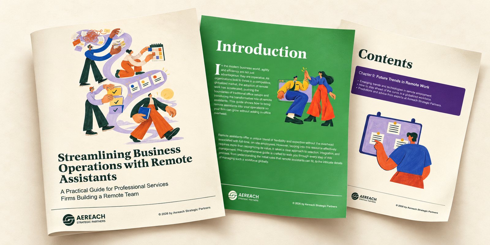 Cover and inside pages of the free Aereach guide, The Ultimate Guide to Streamlining Business Operations with Remote Assistants.